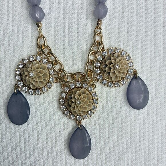 Plunder Gold Tone Purple Beaded Tan Floral Crystal Statement Necklace Women’s - Picture 4 of 10
